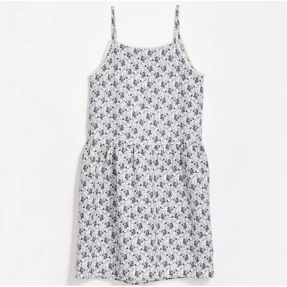 Loft Floral Linen Blend Swing Mini Dress Sz Medium Lace Trim Spaghetti Straps